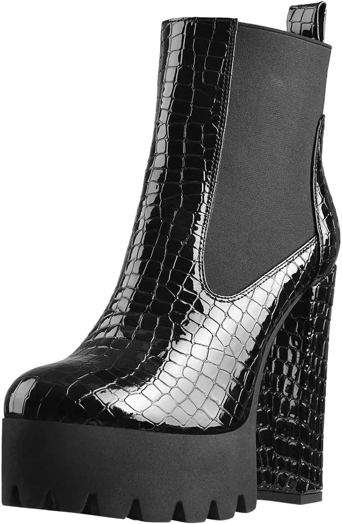 Richealnana Women's Elastic Platform Boots Round Toe Chunky High Heel Pull on Ankle Booties