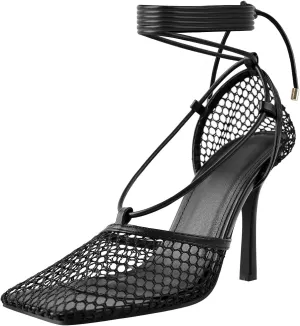 Richealnana Women's Square Toe Mesh Lace Up Strappy Sexy Sandals