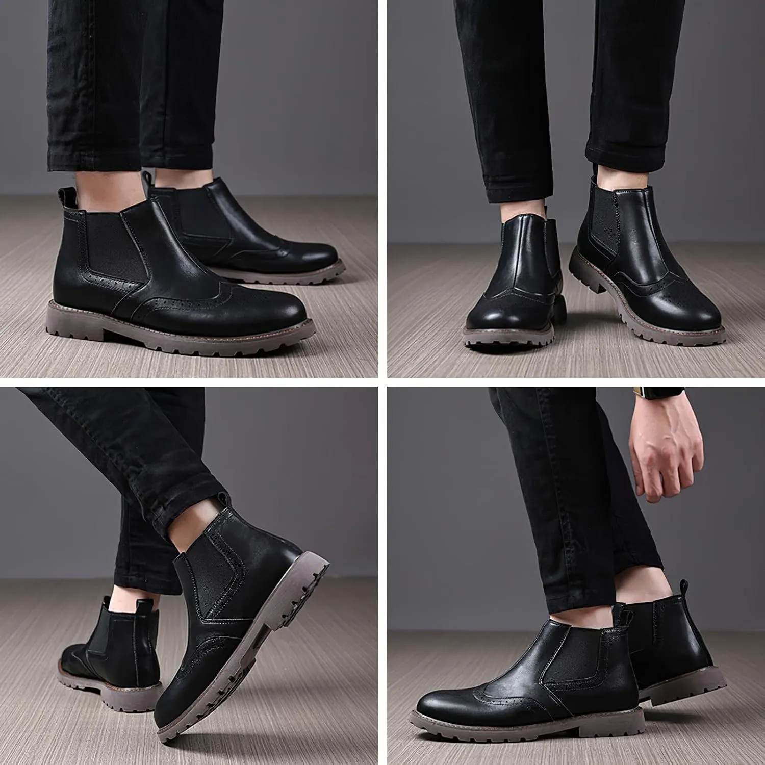 rismart Men's Chelsea Boots Slip-On Casual Dress Ankle Boots Round Toe Brogue Wingtip Design‌
