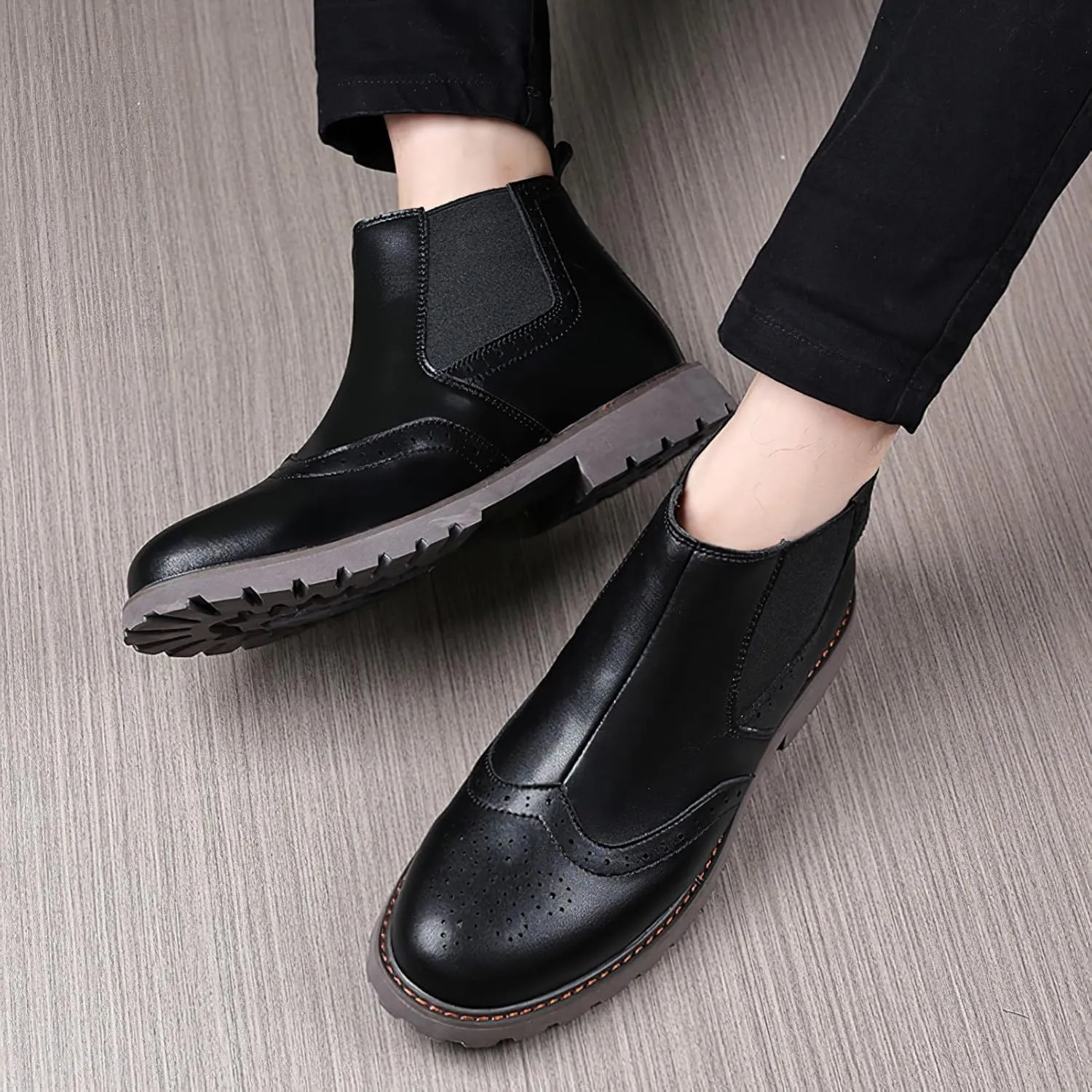 rismart Men's Chelsea Boots Slip-On Casual Dress Ankle Boots Round Toe Brogue Wingtip Design‌