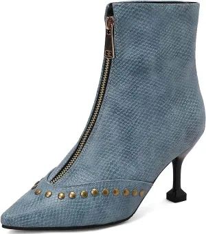 Rivet Studded Ankle Boots Stiletto High Heels Front Zipper Snakeskin Booties