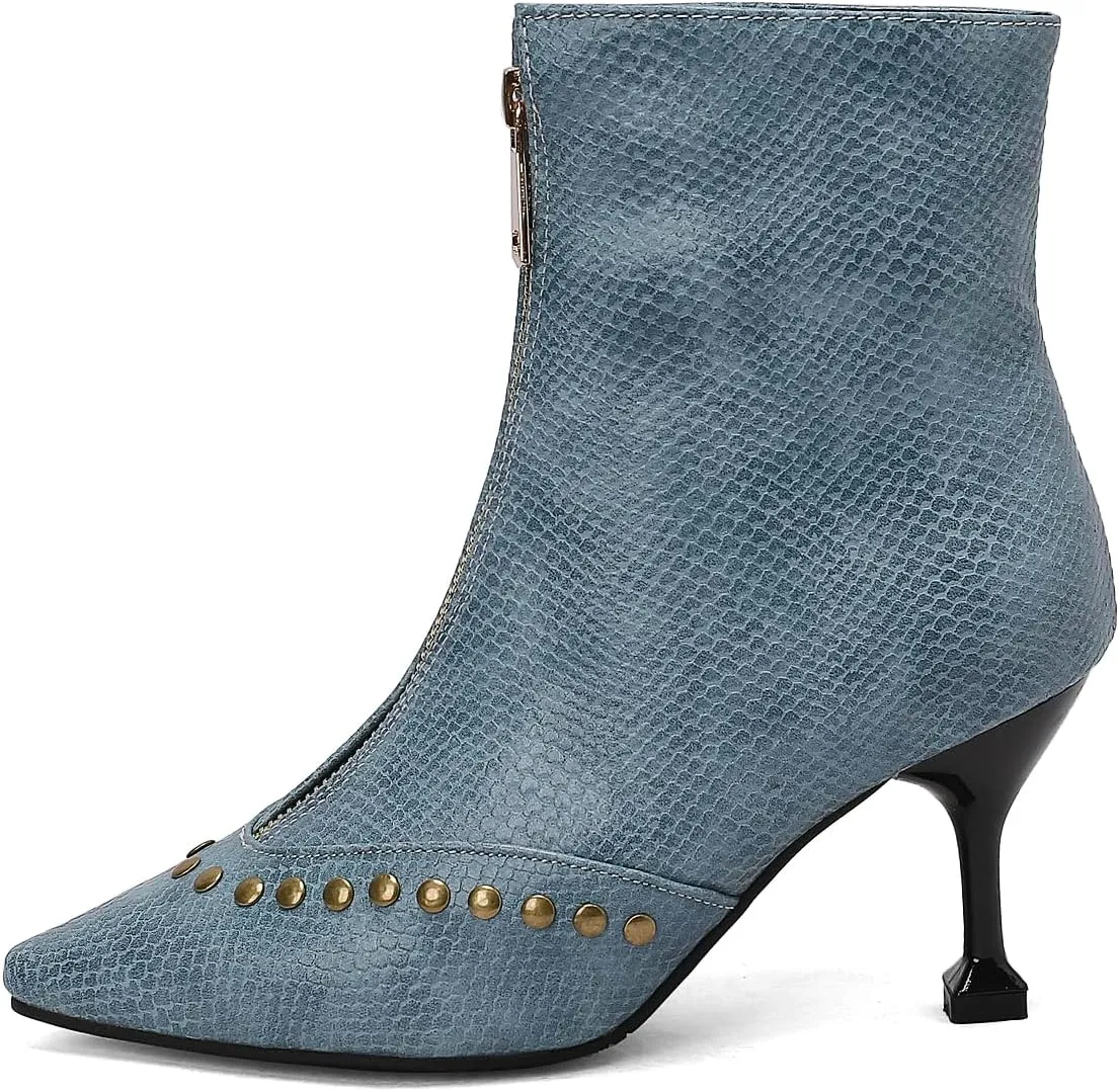 Rivet Studded Ankle Boots Stiletto High Heels Front Zipper Snakeskin Booties