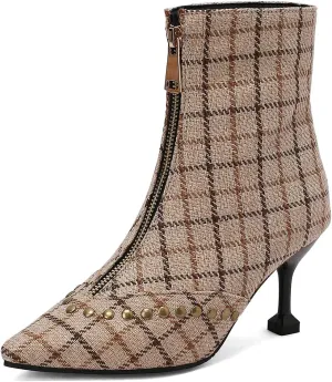 Rivet Studded Ankle Boots Stiletto High Heels Front Zipper Snakeskin Booties
