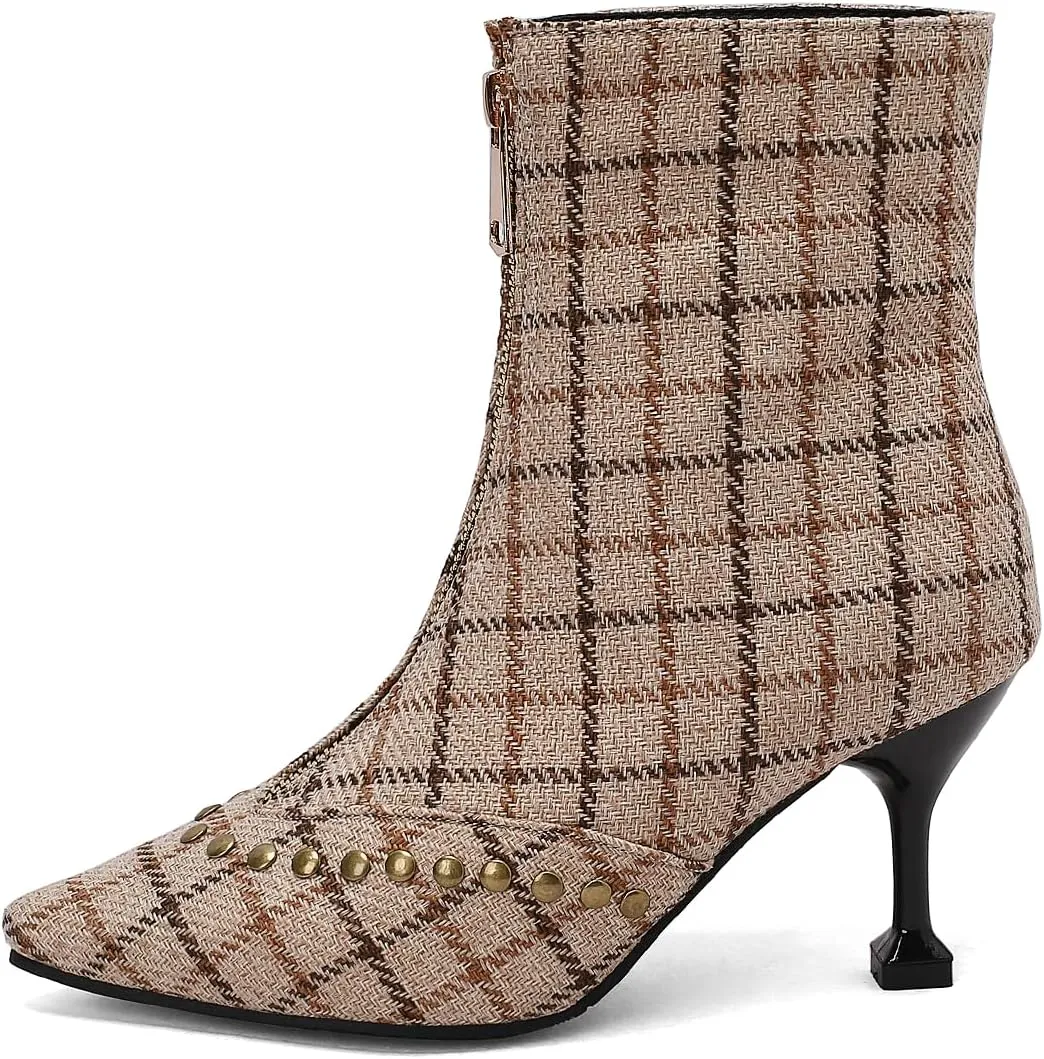 Rivet Studded Ankle Boots Stiletto High Heels Front Zipper Snakeskin Booties