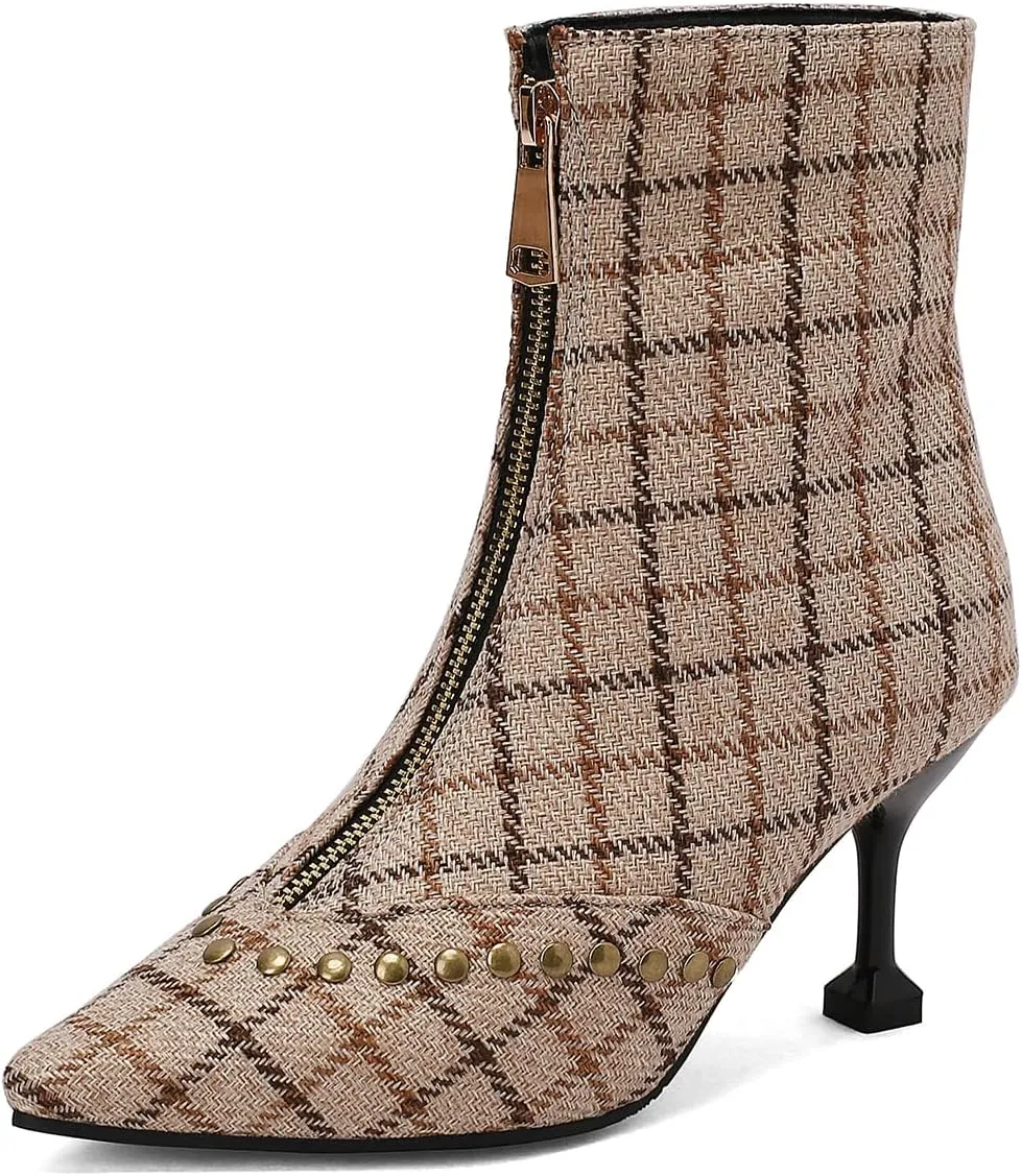 Rivet Studded Ankle Boots Stiletto High Heels Front Zipper Snakeskin Booties