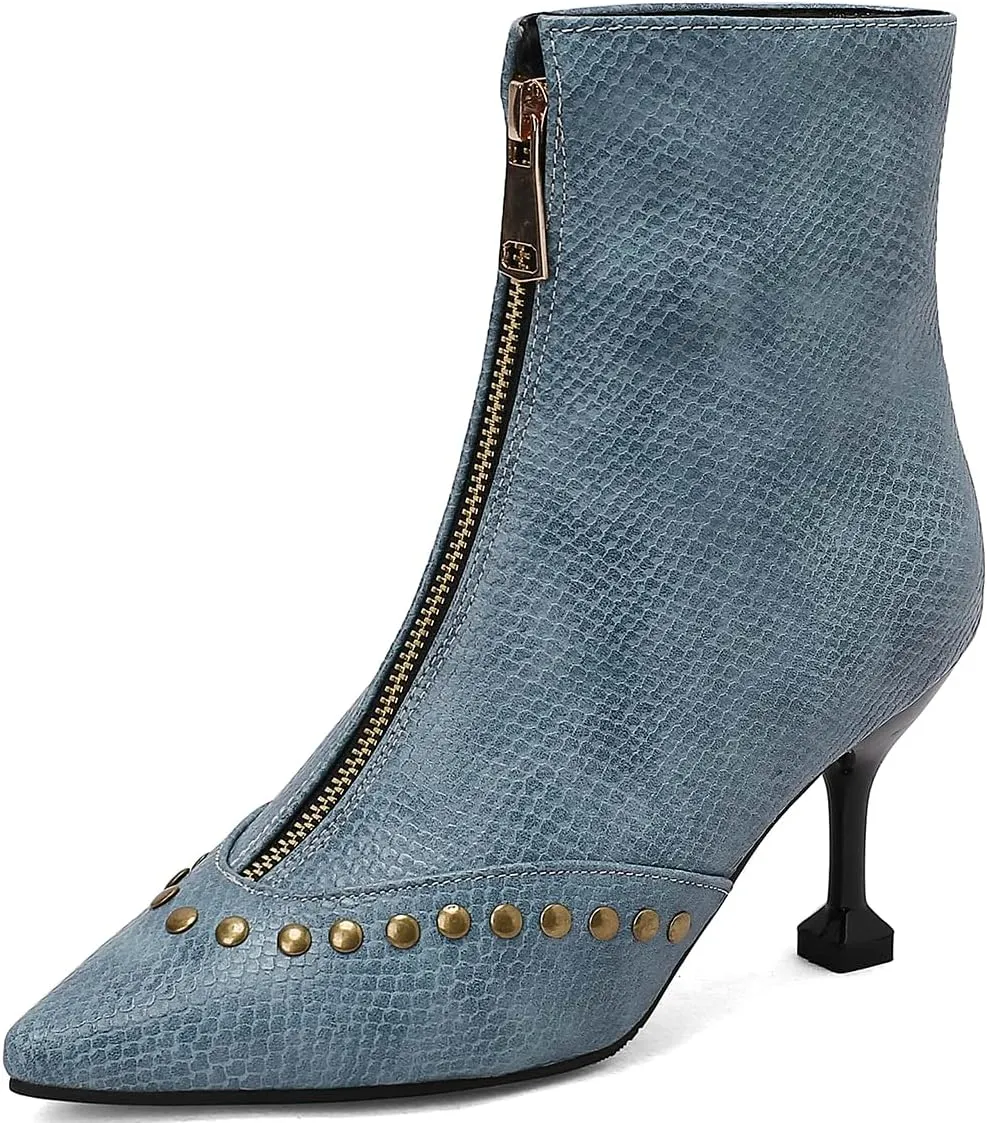 Rivet Studded Ankle Boots Stiletto High Heels Front Zipper Snakeskin Booties