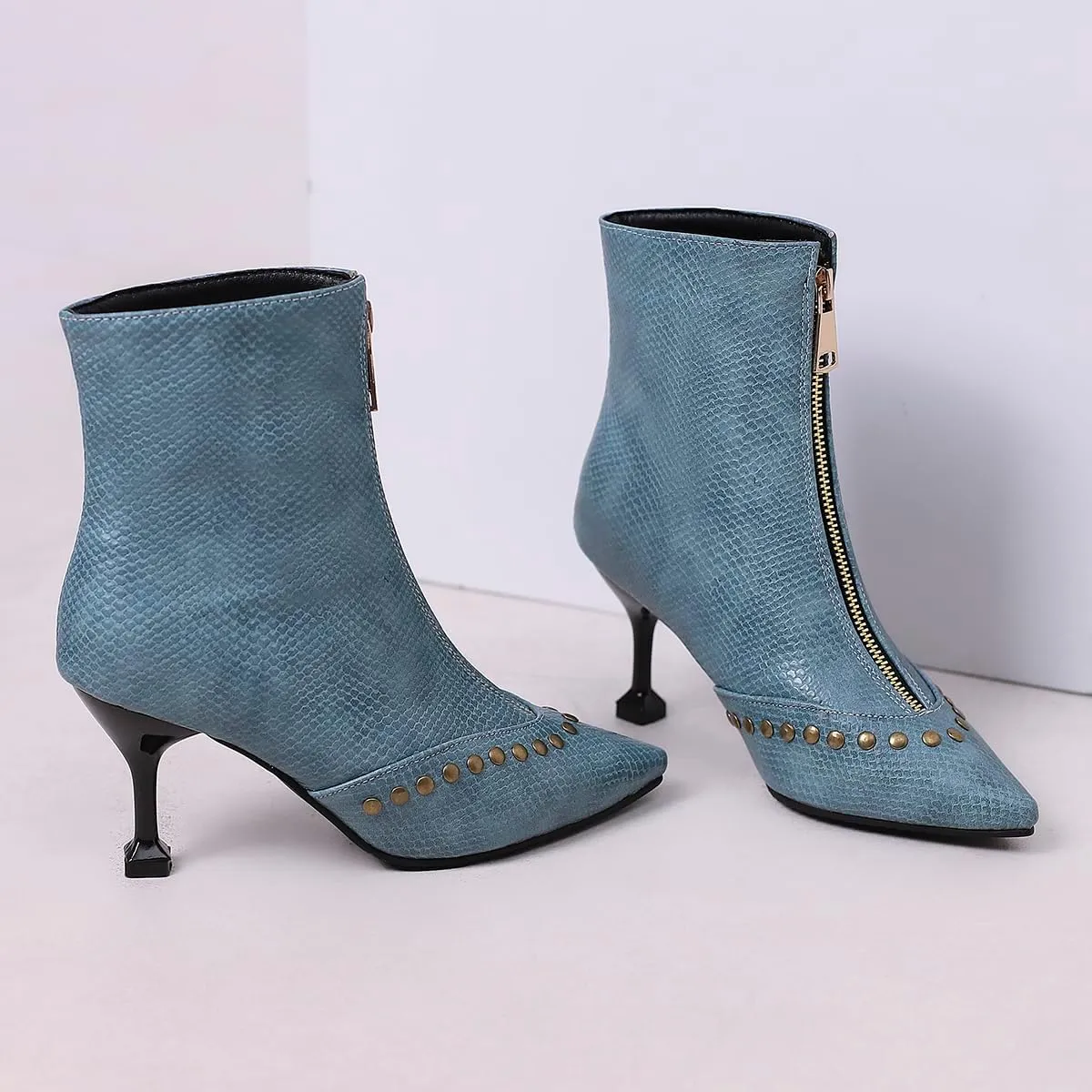 Rivet Studded Ankle Boots Stiletto High Heels Front Zipper Snakeskin Booties