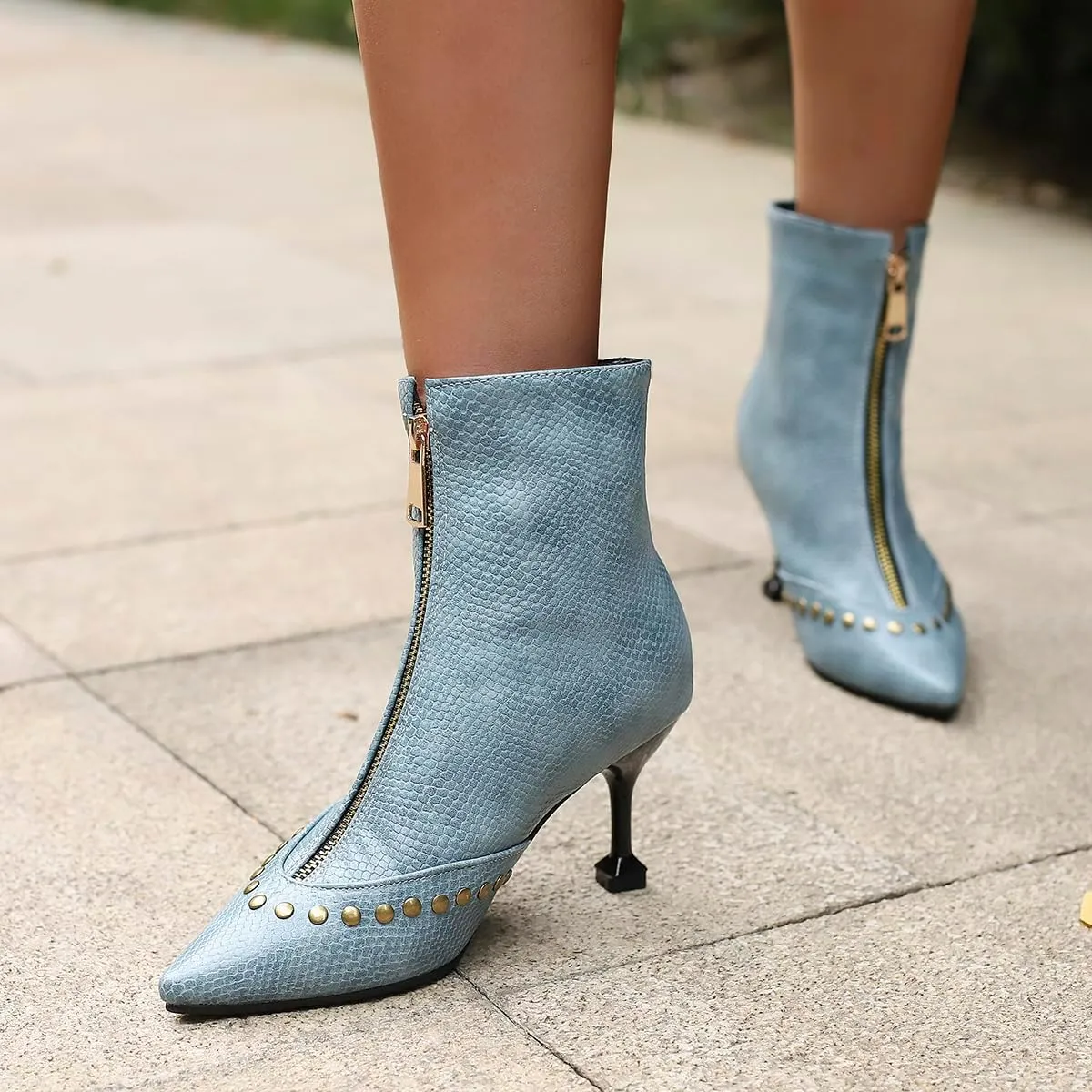 Rivet Studded Ankle Boots Stiletto High Heels Front Zipper Snakeskin Booties