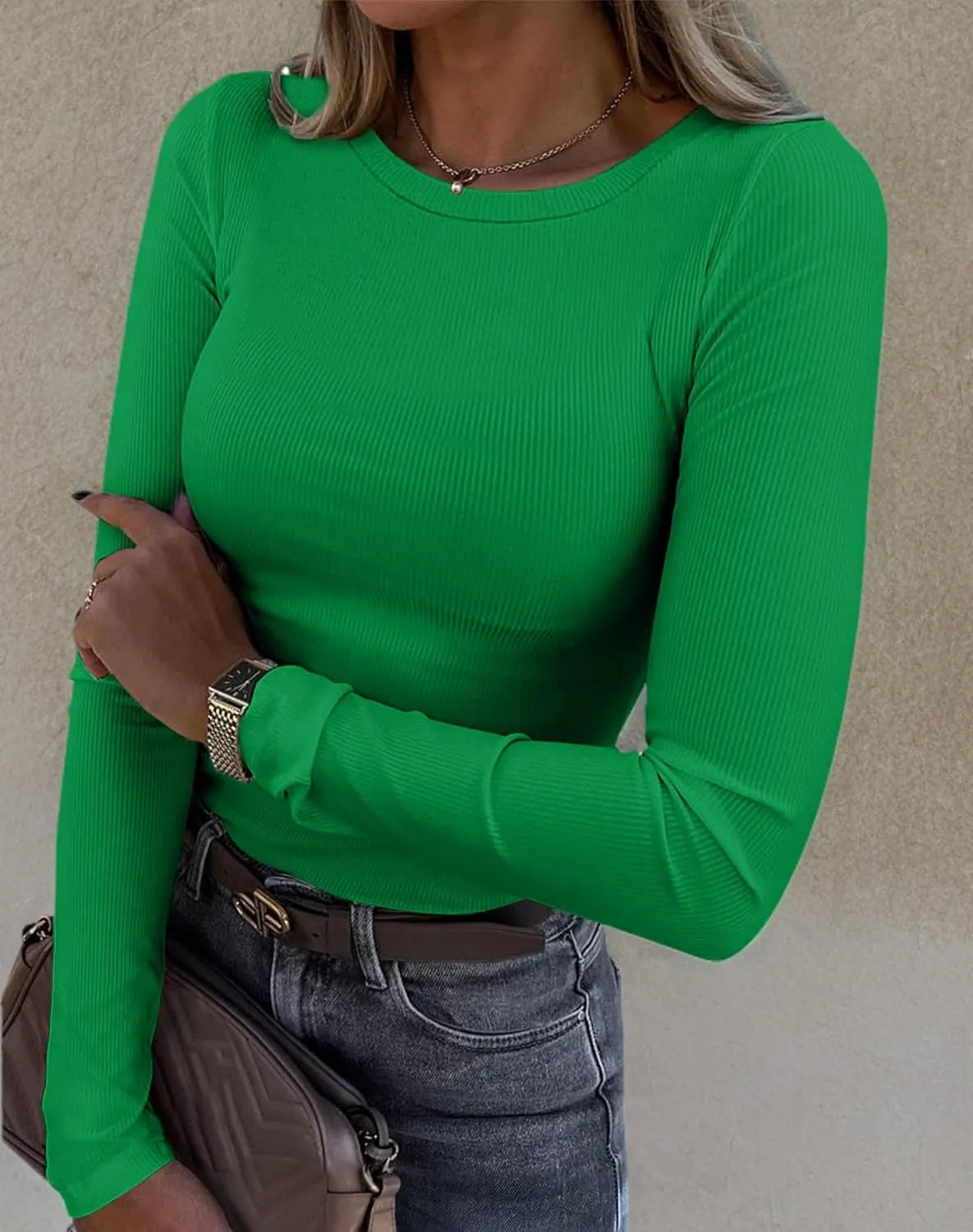 Roselux Womens Long Sleeve Stretch Crewneck Ribbed T-Shirt Fitted Casual Basic Tops