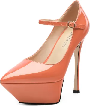 ROSERWISH Platform Heels for Women Pointed Toe Stiletto Pumps High Heels Closed Toe Ankle Strap Mary Janes Patent 6 Inch Wedding Party Nightclub Dress Shoes