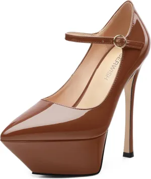 ROSERWISH Platform Heels for Women Pointed Toe Stiletto Pumps High Heels Closed Toe Ankle Strap Mary Janes Patent 6 Inch Wedding Party Nightclub Dress Shoes