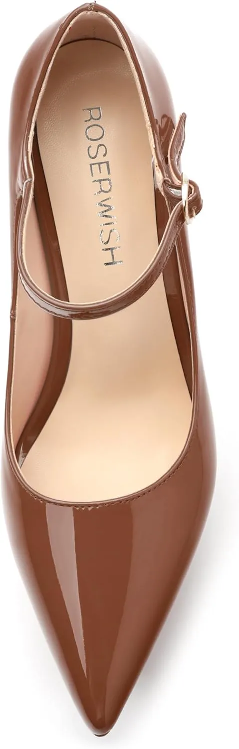 ROSERWISH Platform Heels for Women Pointed Toe Stiletto Pumps High Heels Closed Toe Ankle Strap Mary Janes Patent 6 Inch Wedding Party Nightclub Dress Shoes