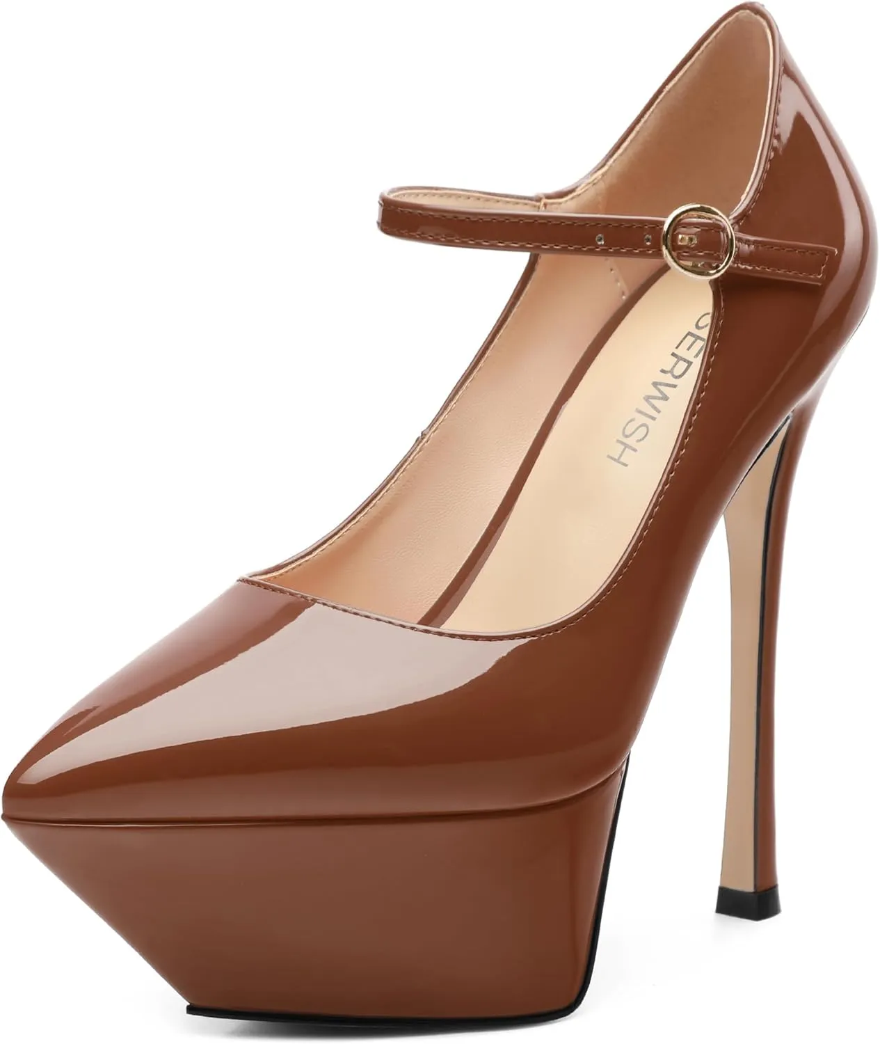 ROSERWISH Platform Heels for Women Pointed Toe Stiletto Pumps High Heels Closed Toe Ankle Strap Mary Janes Patent 6 Inch Wedding Party Nightclub Dress Shoes