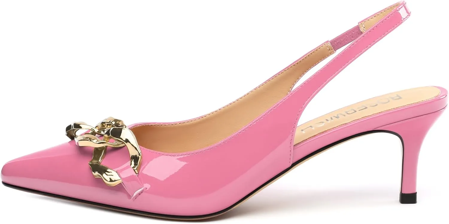 ROSERWISH Women's Slingback Kitten Heels Pointed Closed Toe Low Heel Pumps Patent Wedding Party Casual 2 inch Dress Shoes