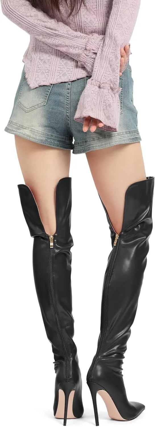 ROSERWISH Women's Thigh High Boots Over The Knee Boots Pointed Toe Stiletto Heels Sexy Fall Long Boots with Zipper Comfy Fashion Dress Shoes