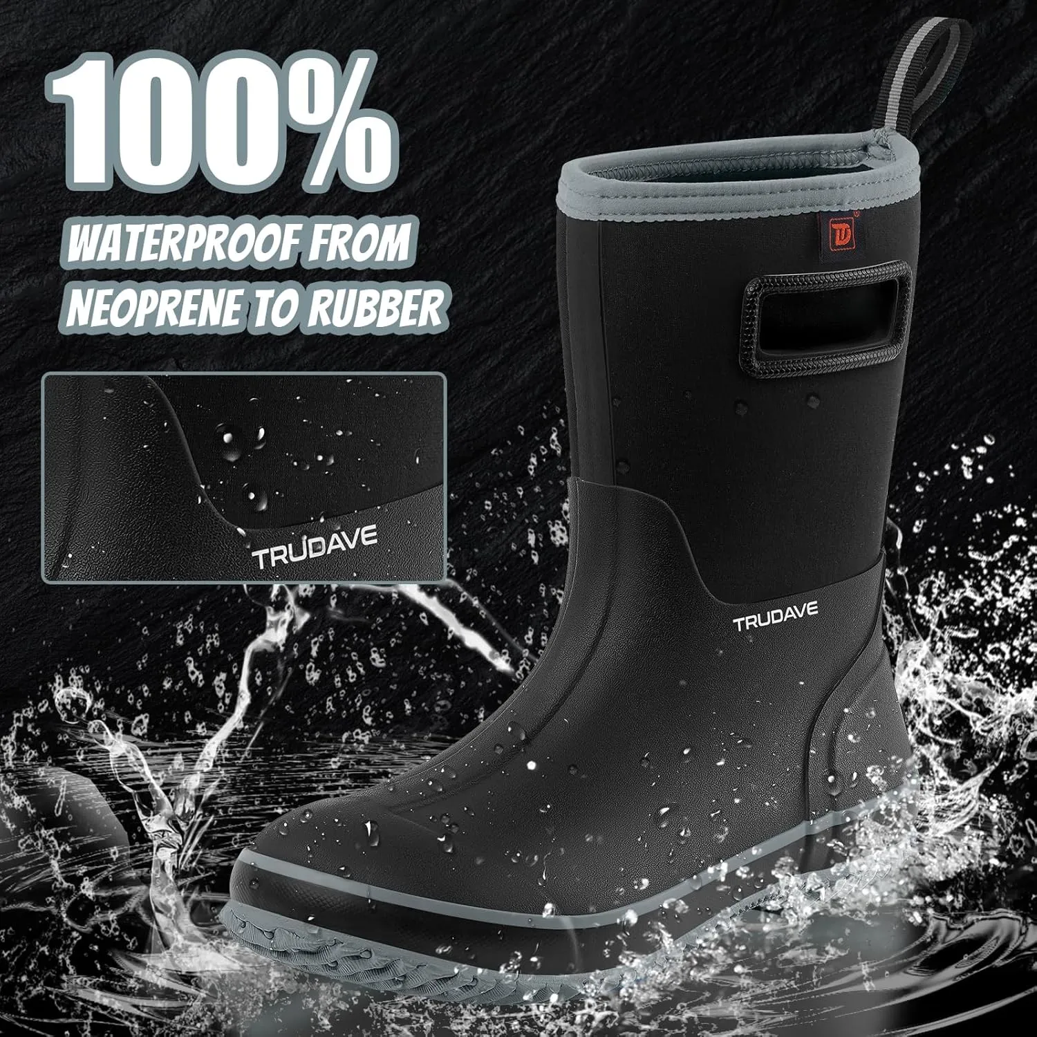 Rubber Boots for Men, Warm 4.5mm Neoprene Waterproof Insulated Rain Boots, Mid Calf All-Season Mud Boots for Outdoor Work Hunting (Size 6-13)