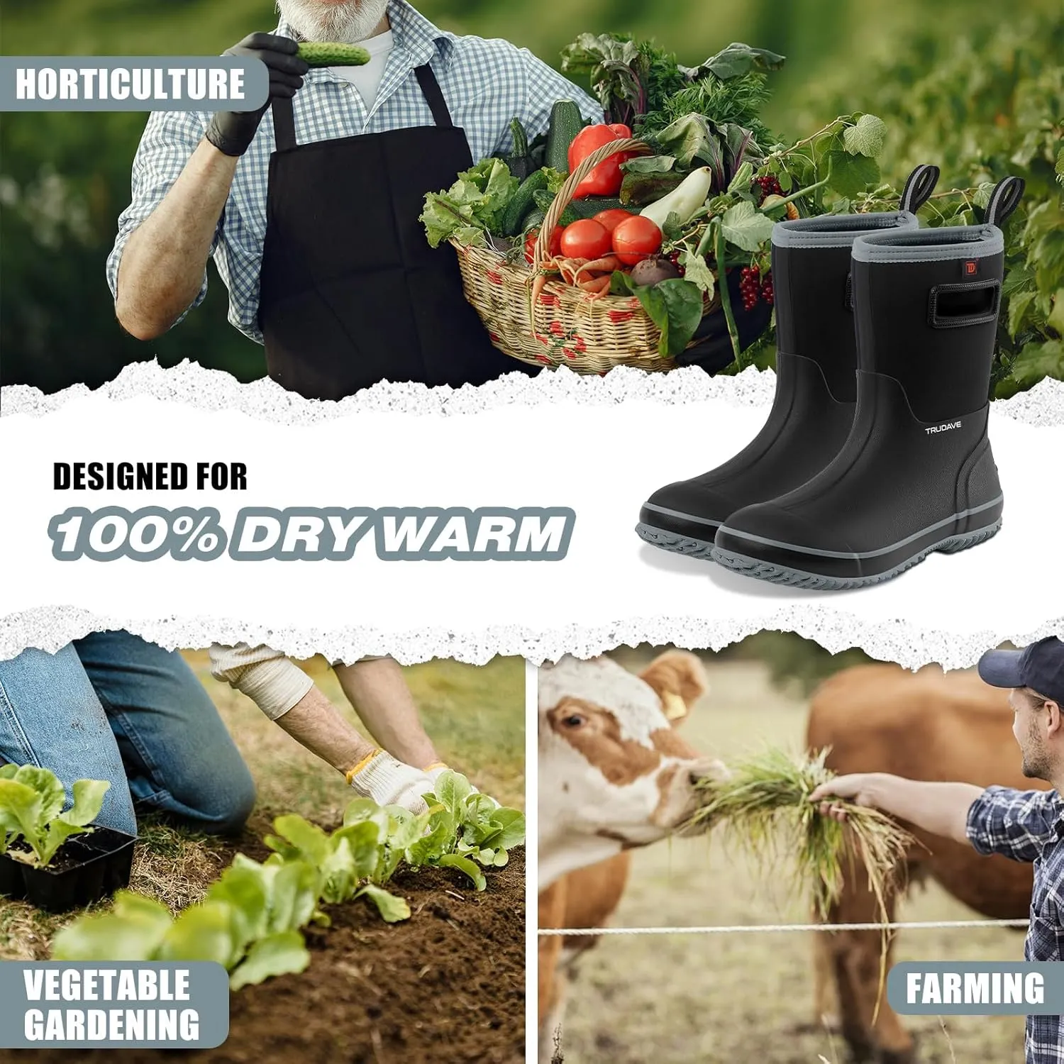 Rubber Boots for Men, Warm 4.5mm Neoprene Waterproof Insulated Rain Boots, Mid Calf All-Season Mud Boots for Outdoor Work Hunting (Size 6-13)