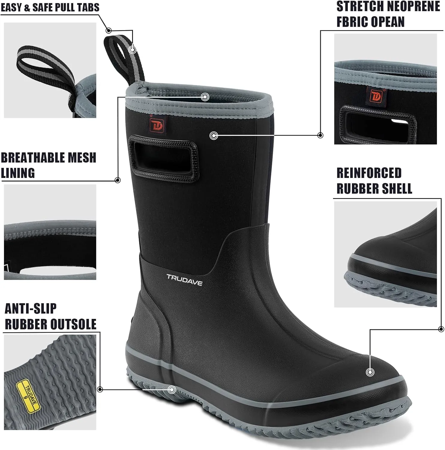 Rubber Boots for Men, Warm 4.5mm Neoprene Waterproof Insulated Rain Boots, Mid Calf All-Season Mud Boots for Outdoor Work Hunting (Size 6-13)