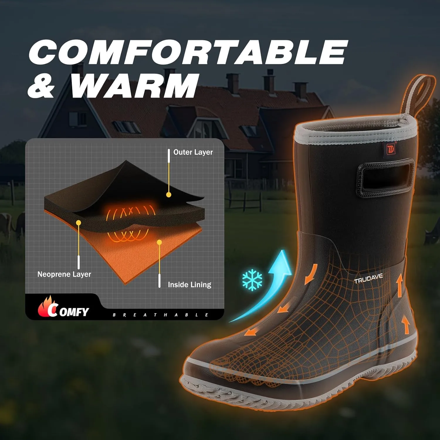 Rubber Boots for Men, Warm 4.5mm Neoprene Waterproof Insulated Rain Boots, Mid Calf All-Season Mud Boots for Outdoor Work Hunting (Size 6-13)