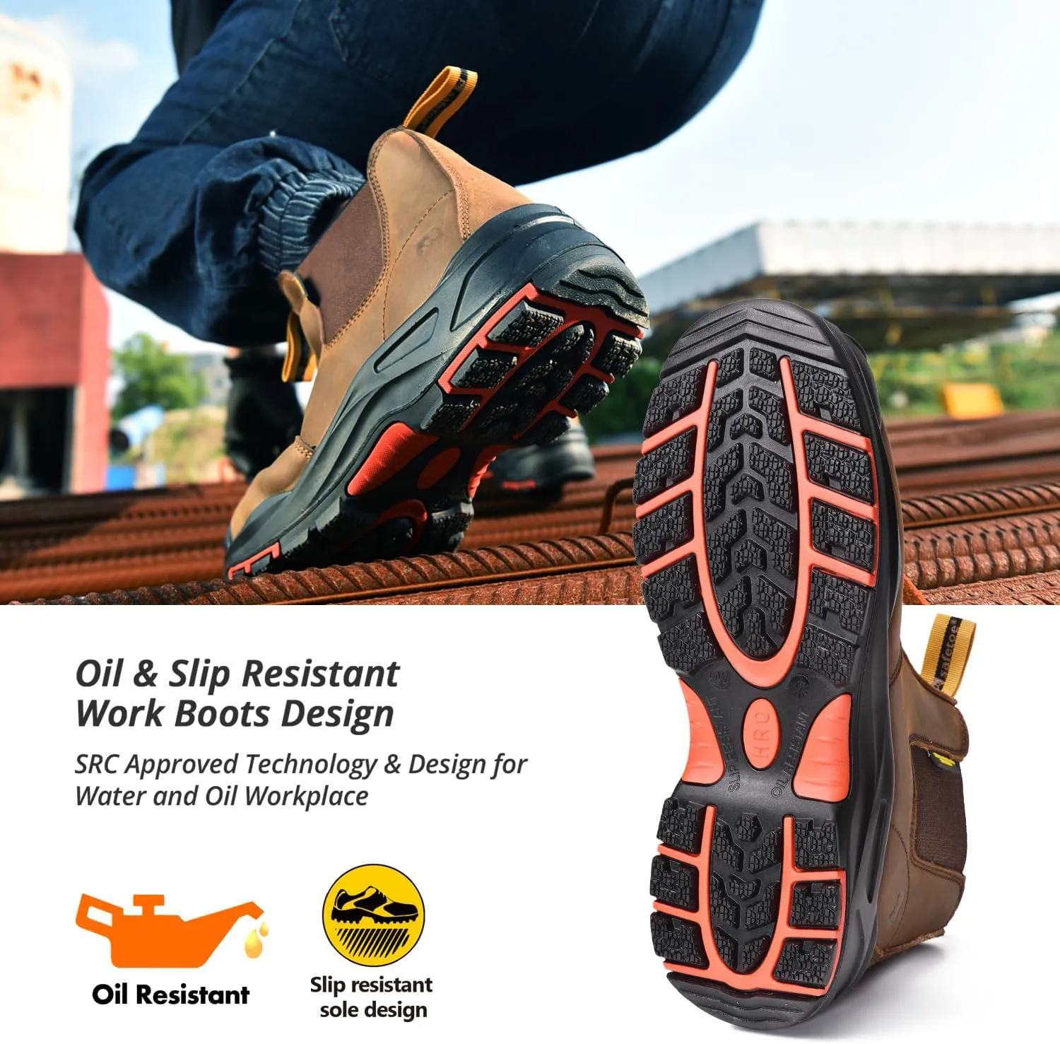 SAFETOE Mens Work Boots Composite Toe Chelsea Safety Boots Slip On Cow Leather Waterproof Lightweight Working Boots