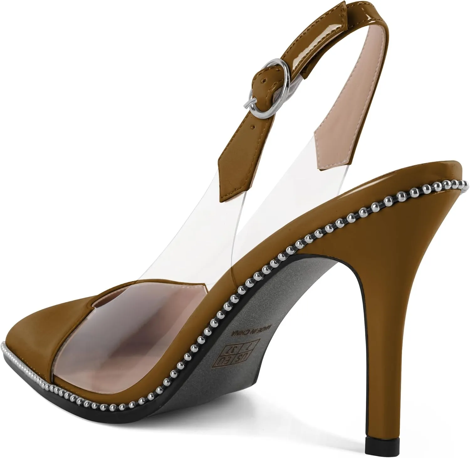 SAMMITOP Slingback Heels for Women Pointed Toe Stiletto High Heel Clear Pumps Silver Beaded Slip On Party Prom Dress Shoes 3.5 Inch