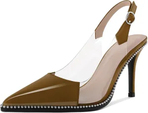SAMMITOP Slingback Heels for Women Pointed Toe Stiletto High Heel Clear Pumps Silver Beaded Slip On Party Prom Dress Shoes 3.5 Inch