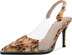 SAMMITOP Slingback Heels for Women Pointed Toe Stiletto High Heel Clear Pumps Silver Beaded Slip On Party Prom Dress Shoes 3.5 Inch