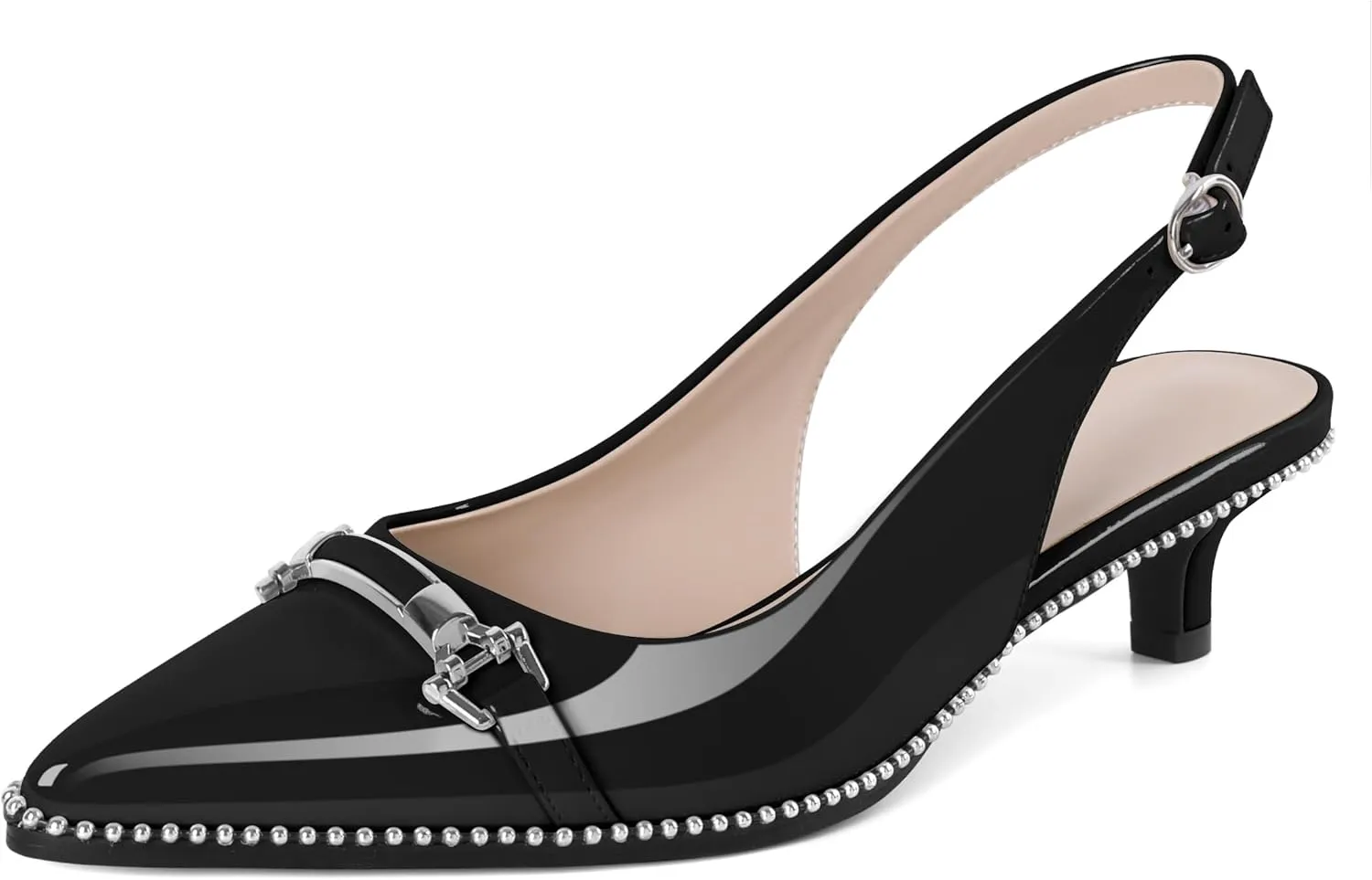 SAMMITOP Slingback Kitten Heels Low Heel Beaded Pumps Pointed Toe with Buckle Strap Heeled Sandals Wedding Party Office Dress Shoes 1.6 Inch