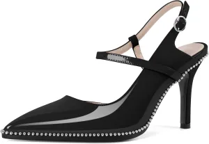 SAMMITOP Women Slingback Heels Ankle Strap Beaded D'Orsay Stiletto High Heel Close Pointed Toe Wedding Dress Pumps Shoes 3.5 Inch
