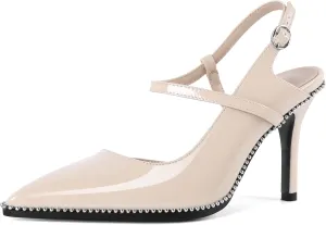 SAMMITOP Women Slingback Heels Ankle Strap Beaded D'Orsay Stiletto High Heel Close Pointed Toe Wedding Dress Pumps Shoes 3.5 Inch