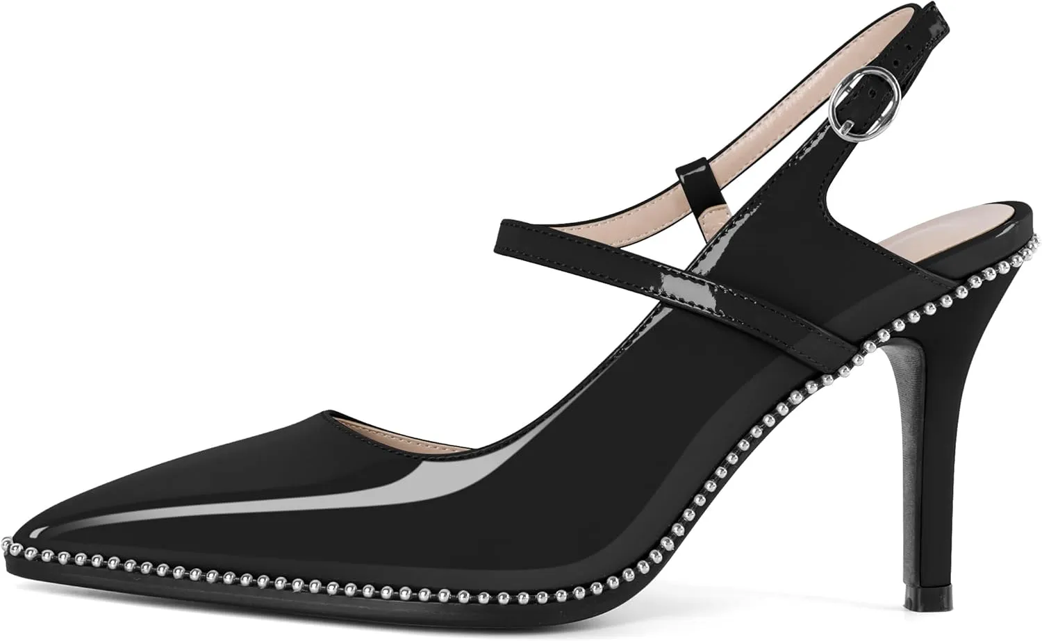 SAMMITOP Women Slingback Heels Ankle Strap Beaded D'Orsay Stiletto High Heel Close Pointed Toe Wedding Dress Pumps Shoes 3.5 Inch