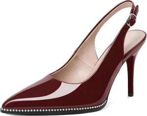 SAMMITOP Women Slingback Heels Stilettos Closed Pointed Toe High Heel Silver Beaded Pumps Comfortable 3.5 Inch High Heels for Women Dressy Shoes