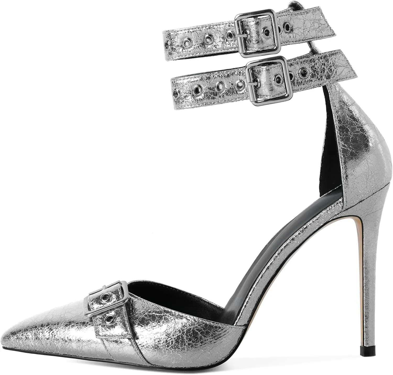 SAMMITOP Womens Pointed Toe D'Orsay Pumps Stilettos High Heel Ankle Strap Buckle Metal Eyelet Wedding Party Dress Shoes 4 Inch