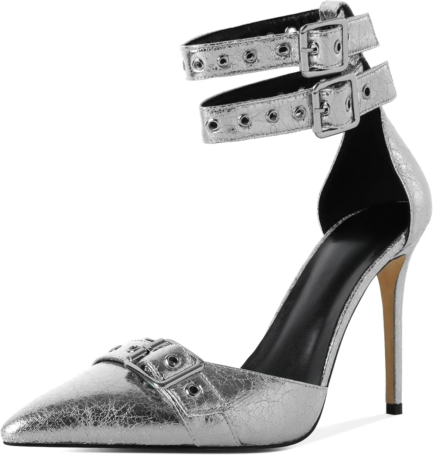 SAMMITOP Womens Pointed Toe D'Orsay Pumps Stilettos High Heel Ankle Strap Buckle Metal Eyelet Wedding Party Dress Shoes 4 Inch