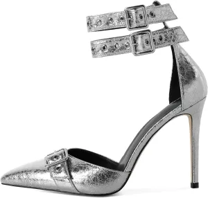 SAMMITOP Womens Pointed Toe D'Orsay Pumps Stilettos High Heel Ankle Strap Buckle Metal Eyelet Wedding Party Dress Shoes 4 Inch