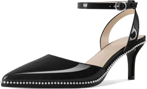 SAMMITOP Womens Slingback Kitten Heels Pointed Toe Low Heel Ankle Strap Pumps Slip On Comfortable Wedding Party Beaded Dress Shoes 2.4 Inch