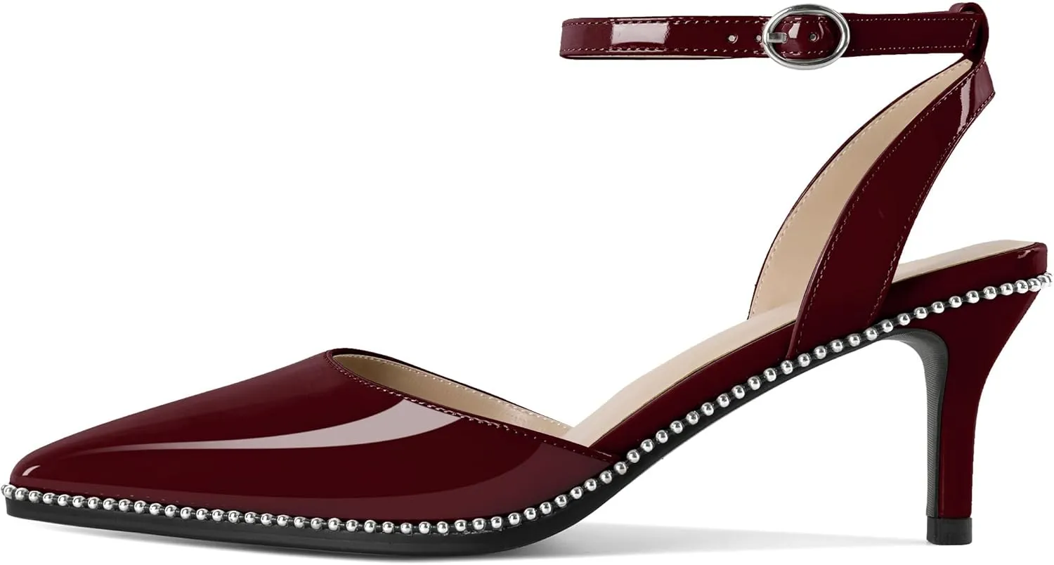 SAMMITOP Womens Slingback Kitten Heels Pointed Toe Low Heel Ankle Strap Pumps Slip On Comfortable Wedding Party Beaded Dress Shoes 2.4 Inch