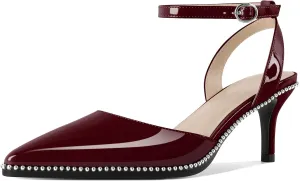 SAMMITOP Womens Slingback Kitten Heels Pointed Toe Low Heel Ankle Strap Pumps Slip On Comfortable Wedding Party Beaded Dress Shoes 2.4 Inch