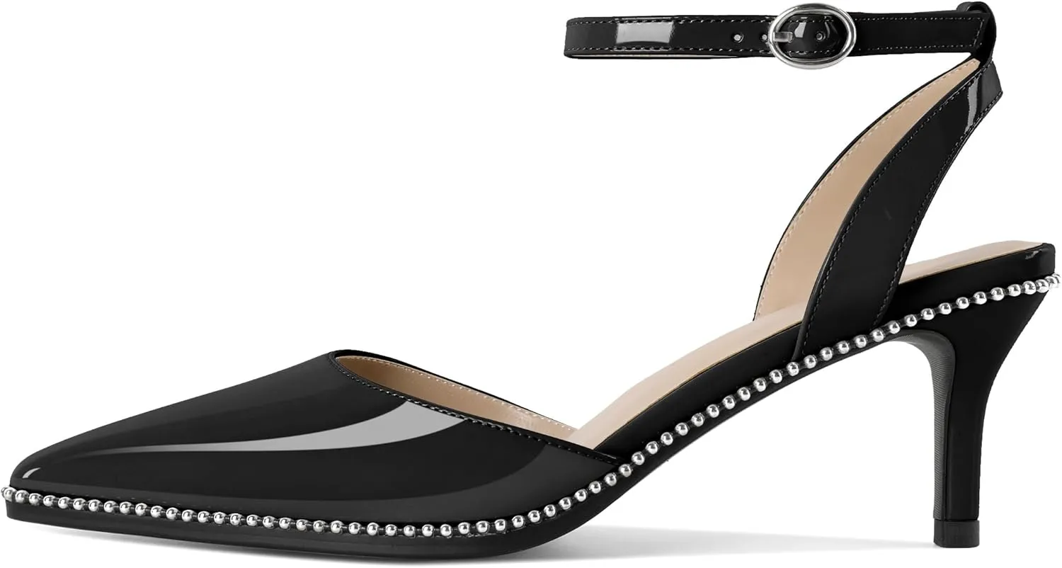 SAMMITOP Womens Slingback Kitten Heels Pointed Toe Low Heel Ankle Strap Pumps Slip On Comfortable Wedding Party Beaded Dress Shoes 2.4 Inch