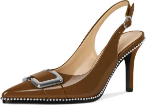 SAMMITOP Womens Slingback Stiletto High Heels Closed Pointed Toe Pumps Beaded Metal Buckle Sexy Office Dress Shoes 3.5 Inch