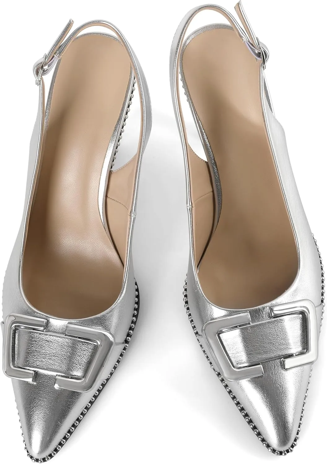SAMMITOP Womens Slingback Stiletto High Heels Closed Pointed Toe Pumps Beaded Metal Buckle Sexy Office Dress Shoes 3.5 Inch