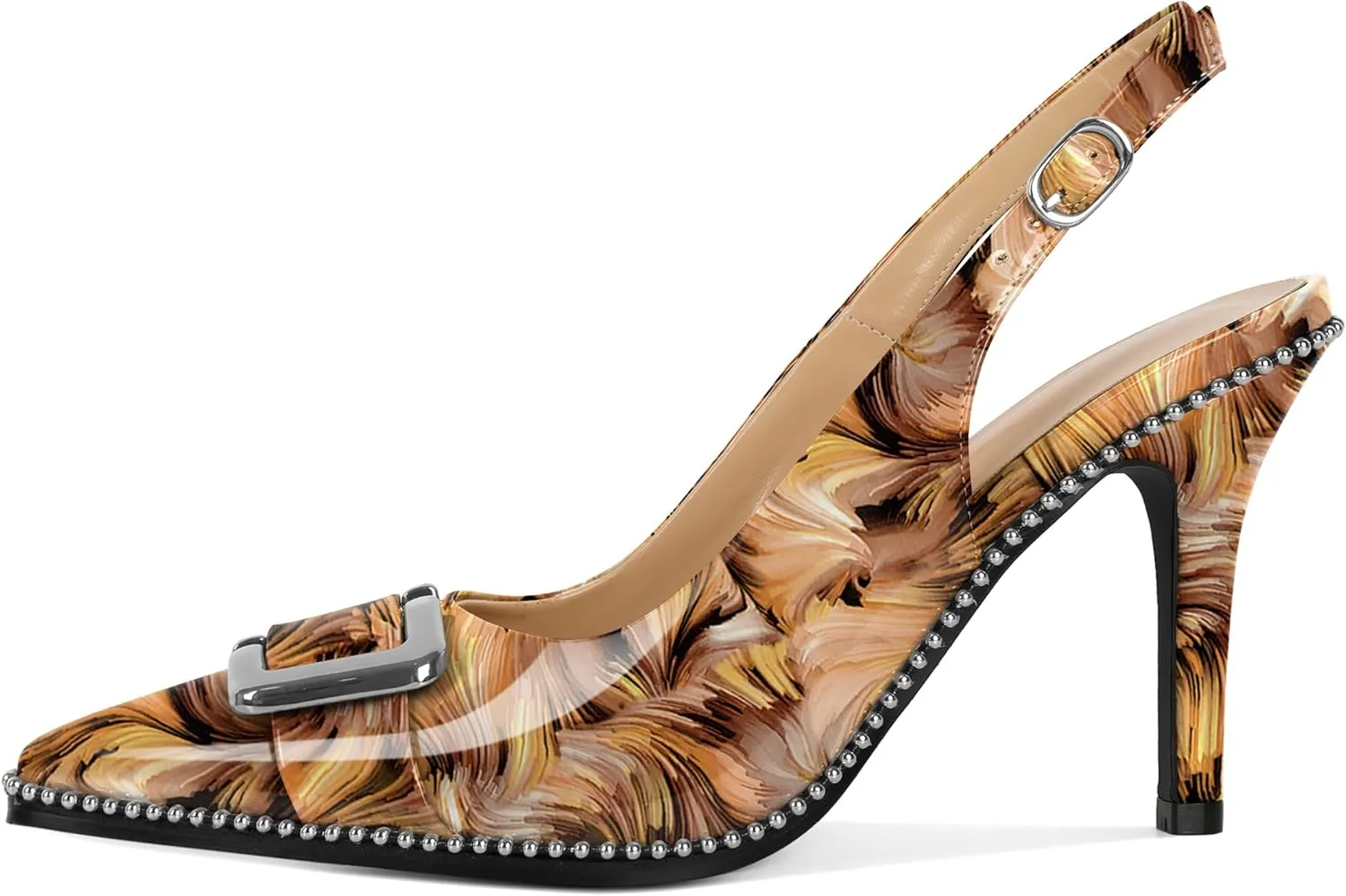 SAMMITOP Womens Slingback Stiletto High Heels Closed Pointed Toe Pumps Beaded Metal Buckle Sexy Office Dress Shoes 3.5 Inch