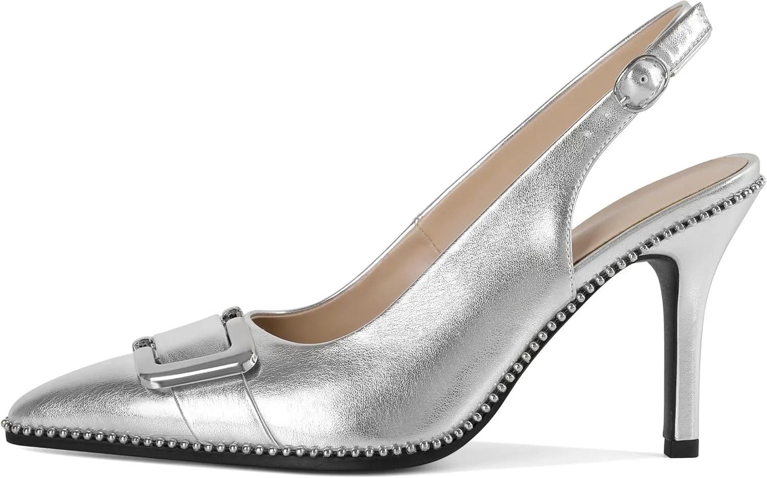 SAMMITOP Womens Slingback Stiletto High Heels Closed Pointed Toe Pumps Beaded Metal Buckle Sexy Office Dress Shoes 3.5 Inch