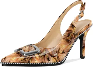 SAMMITOP Womens Slingback Stiletto High Heels Closed Pointed Toe Pumps Beaded Metal Buckle Sexy Office Dress Shoes 3.5 Inch