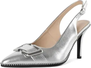 SAMMITOP Womens Slingback Stiletto High Heels Closed Pointed Toe Pumps Beaded Metal Buckle Sexy Office Dress Shoes 3.5 Inch