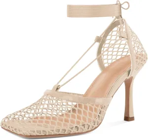 SAMMITOP Women's Square Toe Mesh Lace Up Strappy Sexy Heels Sandals Stiletto High Heel Closed Toe Summer Dress Shoes 3.5 Inch