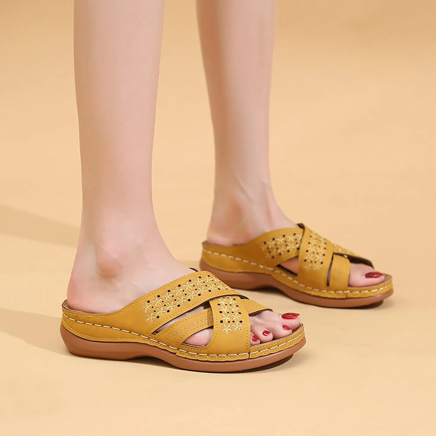 Sandals for Women Casual Summer Solid Color Cross Straps Hollow Out Slope Heel Slipper Fashion Comfortable Wedge Sandals
