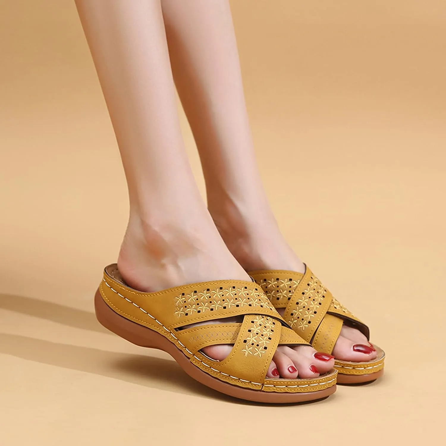 Sandals for Women Casual Summer Solid Color Cross Straps Hollow Out Slope Heel Slipper Fashion Comfortable Wedge Sandals