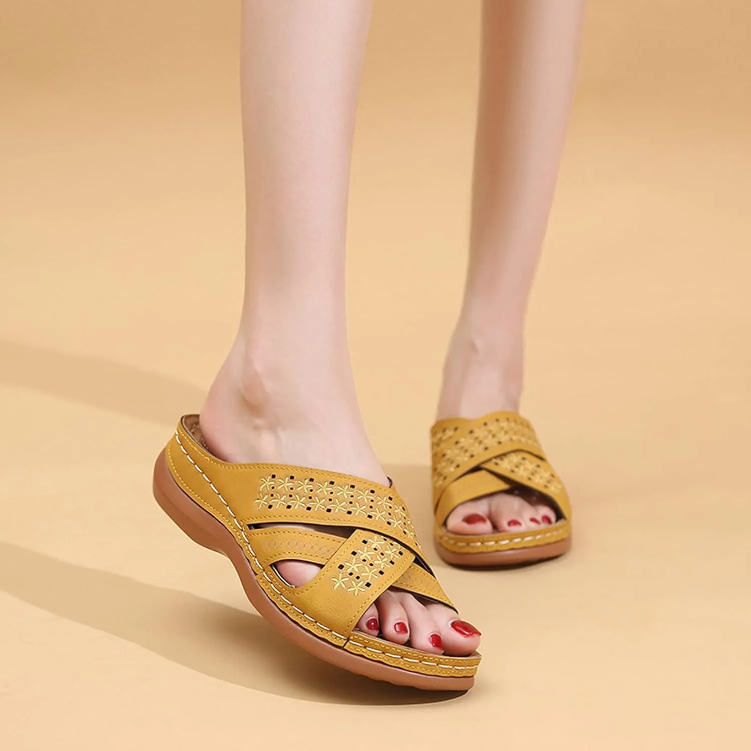 Sandals for Women Casual Summer Solid Color Cross Straps Hollow Out Slope Heel Slipper Fashion Comfortable Wedge Sandals