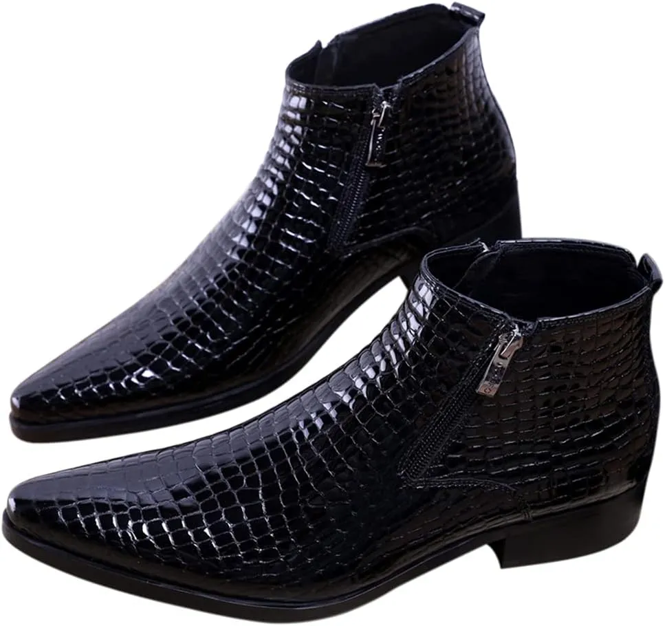 SANTIMON Men's Ankle Patent Leather Fashion Plaid Zipper Pointed Toe Casual Boots